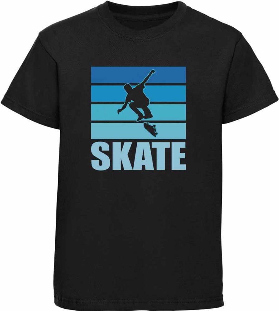Printed Kids T-shirt Silhouette in front of blue skate lettering